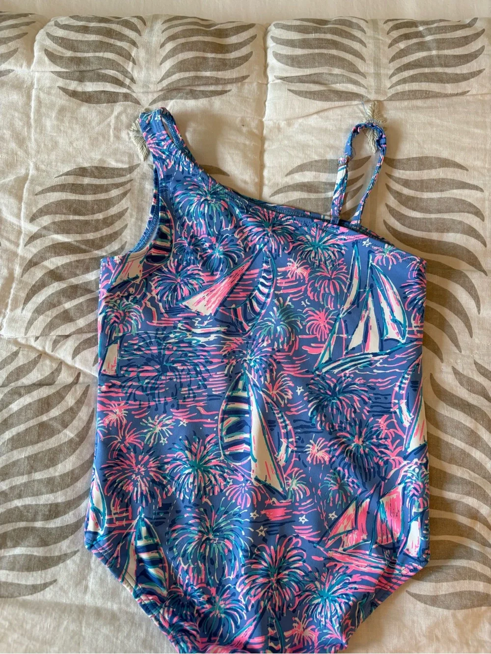 Lilly Pulitzer One-Shoulder Sailboat Print Swimsuit in Blue, Pink & Teal